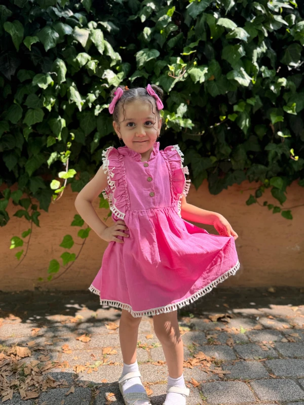 Kız Bebek Elbise Kısa Kollu Fırfırlı Tokalı Doğum Günü Parti Düğün Keten Günlük Kız Çocuk Elbise - PEMBE