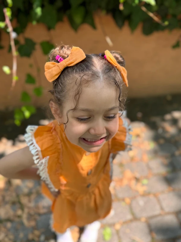 Kız Bebek Elbise Kısa Kollu Fırfırlı Tokalı Doğum Günü Parti Düğün Keten Günlük Kız Çocuk Elbise - TURUNCU