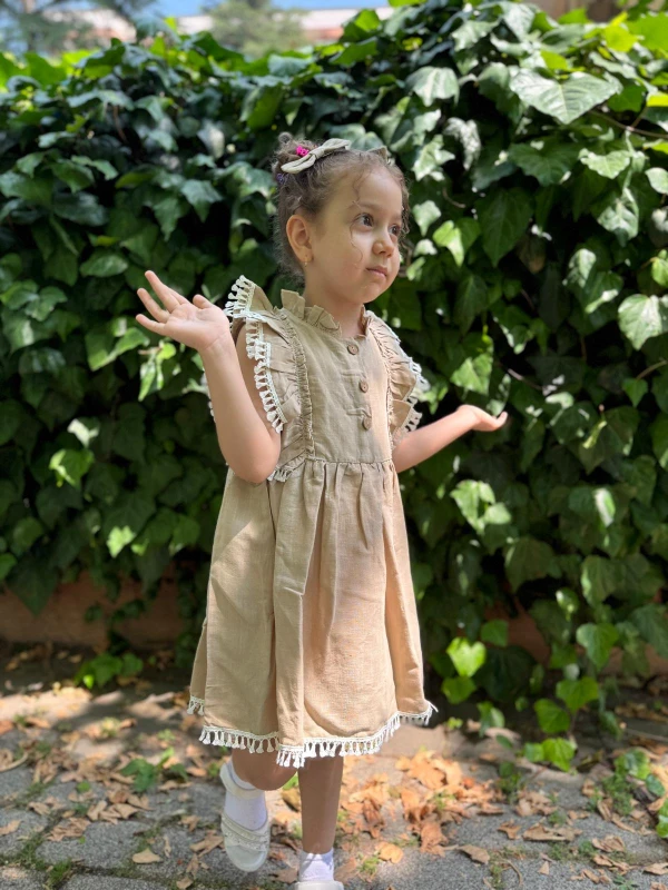 Kız Bebek Elbise Kısa Kollu Fırfırlı Tokalı Doğum Günü Parti Düğün Keten Günlük Kız Çocuk Elbise - KAHVERENGİ