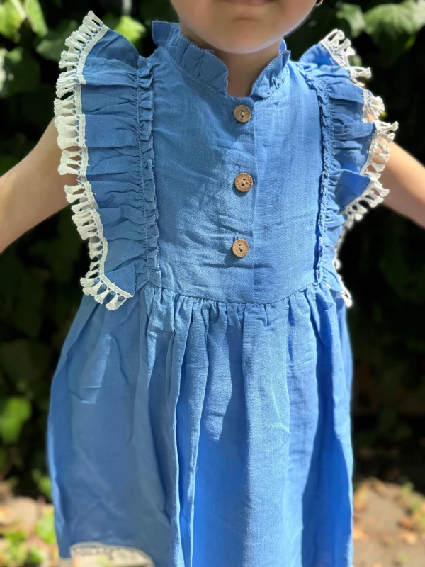 Kız Bebek Elbise Kısa Kollu Fırfırlı Tokalı Doğum Günü Parti Düğün Keten Günlük Kız Çocuk Elbise - MAVİ