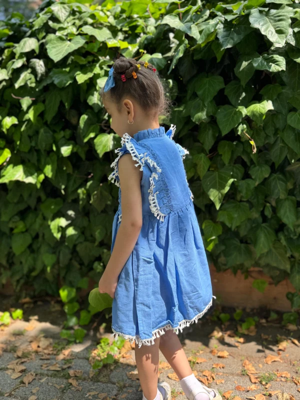 Kız Bebek Elbise Kısa Kollu Fırfırlı Tokalı Doğum Günü Parti Düğün Keten Günlük Kız Çocuk Elbise - MAVİ