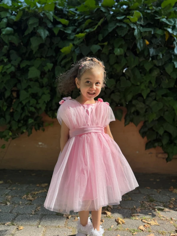 Kız Bebek Kız Çocuk Tüllü Fiyonklu Astarlı Özel Gün Doğum Günü Parti Düğün Prenses Abiye Elbise - PEMBE