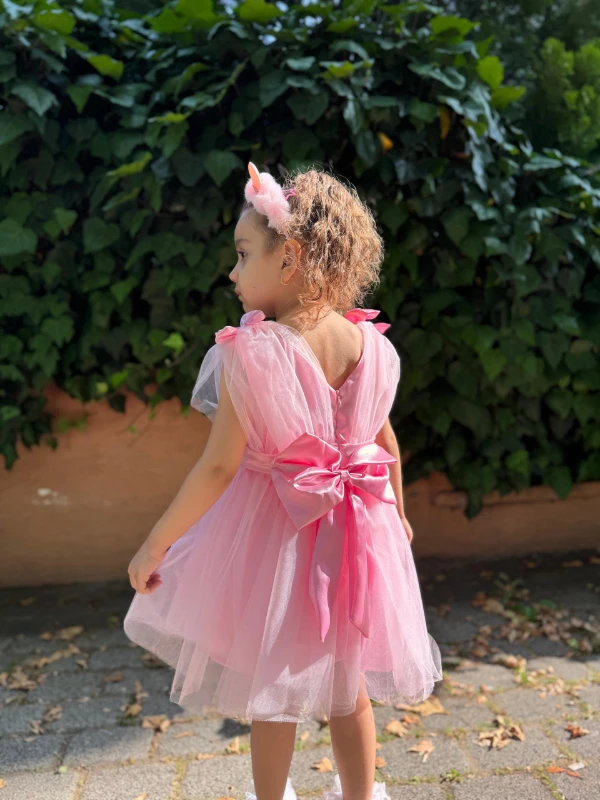 Kız Bebek Kız Çocuk Tüllü Fiyonklu Astarlı Özel Gün Doğum Günü Parti Düğün Prenses Abiye Elbise - PEMBE