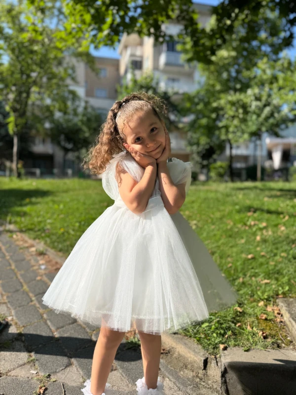 Kız Bebek Kız Çocuk Tüllü Fiyonklu Astarlı Özel Gün Doğum Günü Parti Düğün Prenses Abiye Elbise - BEYAZ