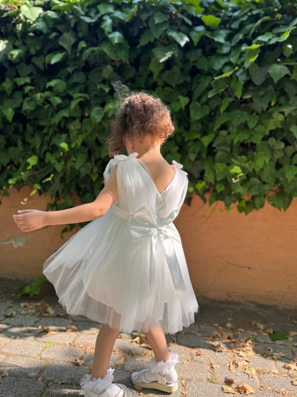 Kız Bebek Kız Çocuk Tüllü Fiyonklu Astarlı Özel Gün Doğum Günü Parti Düğün Prenses Abiye Elbise - BEYAZ
