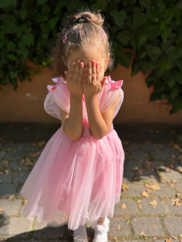 Kız Bebek Kız Çocuk Tüllü Fiyonklu Astarlı Özel Gün Doğum Günü Parti Düğün Prenses Abiye Elbise - PEMBE