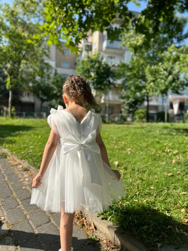 Kız Bebek Kız Çocuk Tüllü Fiyonklu Astarlı Özel Gün Doğum Günü Parti Düğün Prenses Abiye Elbise - BEYAZ