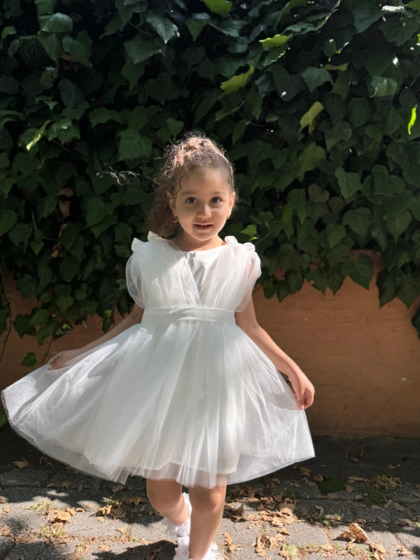 Kız Bebek Kız Çocuk Tüllü Fiyonklu Astarlı Özel Gün Doğum Günü Parti Düğün Prenses Abiye Elbise - BEYAZ