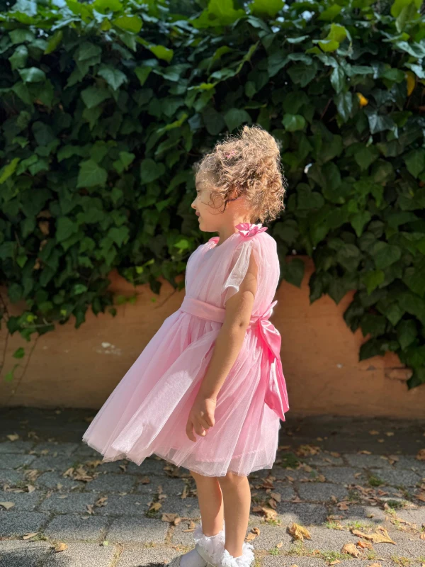 Kız Bebek Kız Çocuk Tüllü Fiyonklu Astarlı Özel Gün Doğum Günü Parti Düğün Prenses Abiye Elbise - PEMBE