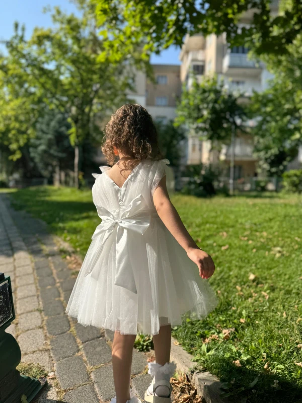 Kız Bebek Kız Çocuk Tüllü Fiyonklu Astarlı Özel Gün Doğum Günü Parti Düğün Prenses Abiye Elbise - BEYAZ