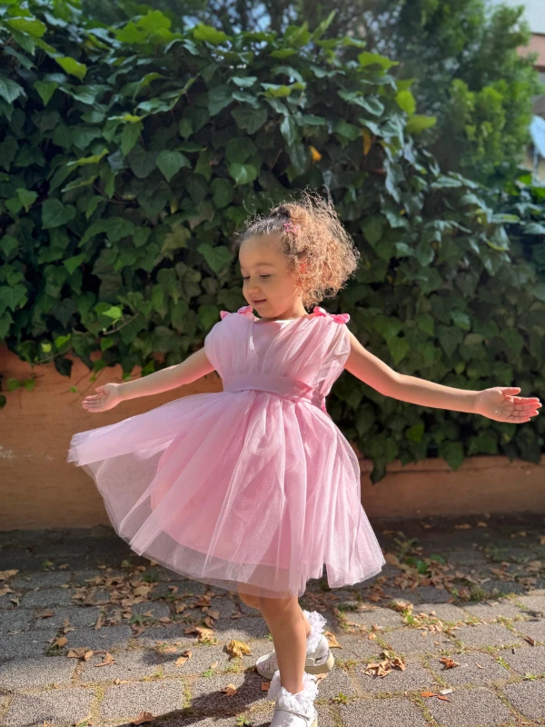 Kız Bebek Kız Çocuk Tüllü Fiyonklu Astarlı Özel Gün Doğum Günü Parti Düğün Prenses Abiye Elbise - PEMBE
