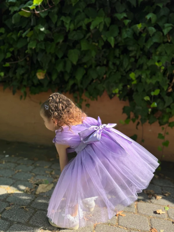 Kız Bebek Kız Çocuk Tüllü Fiyonklu Astarlı Özel Gün Doğum Günü Parti Düğün Prenses Abiye Elbise - MOR