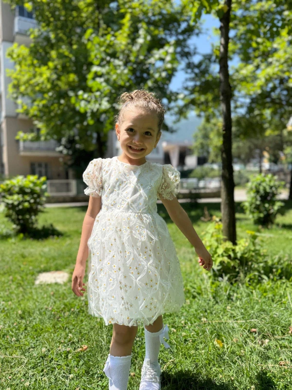 Kız Çocuk Bebek Kısa Kollu Papatyalı Çiçekli Tüllü Doğum Günü Düğün Parti Özel Gün Bayramlık Elbise - BEYAZ