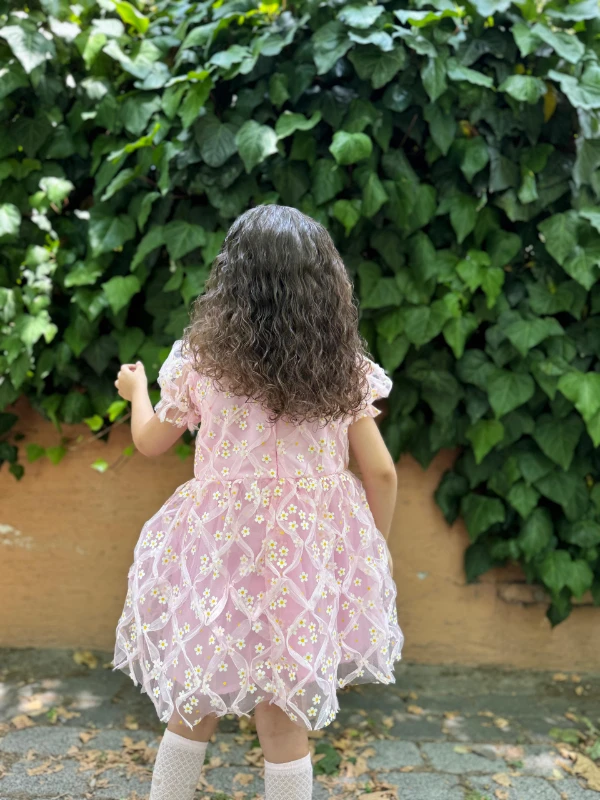 Kız Çocuk Bebek Kısa Kollu Papatyalı Çiçekli Tüllü Doğum Günü Düğün Parti Özel Gün Bayramlık Elbise - PEMBE
