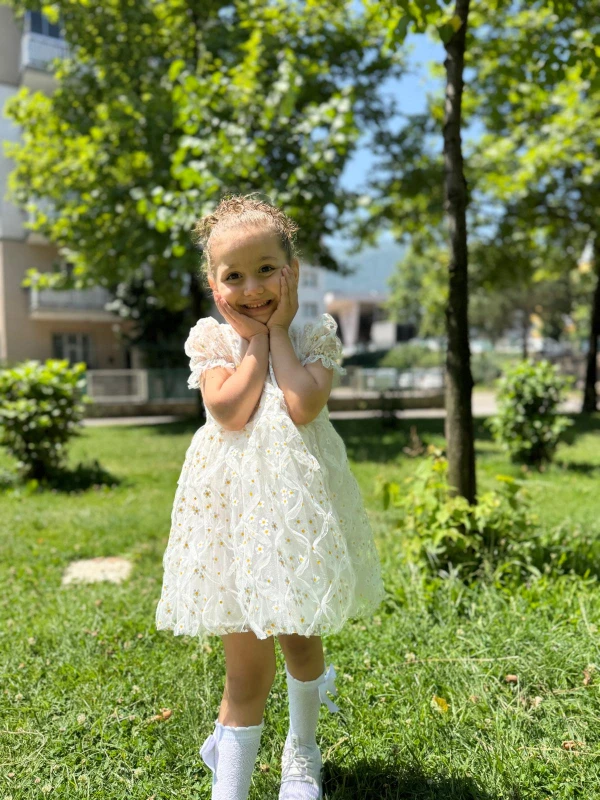 Kız Çocuk Bebek Kısa Kollu Papatyalı Çiçekli Tüllü Doğum Günü Düğün Parti Özel Gün Bayramlık Elbise - BEYAZ