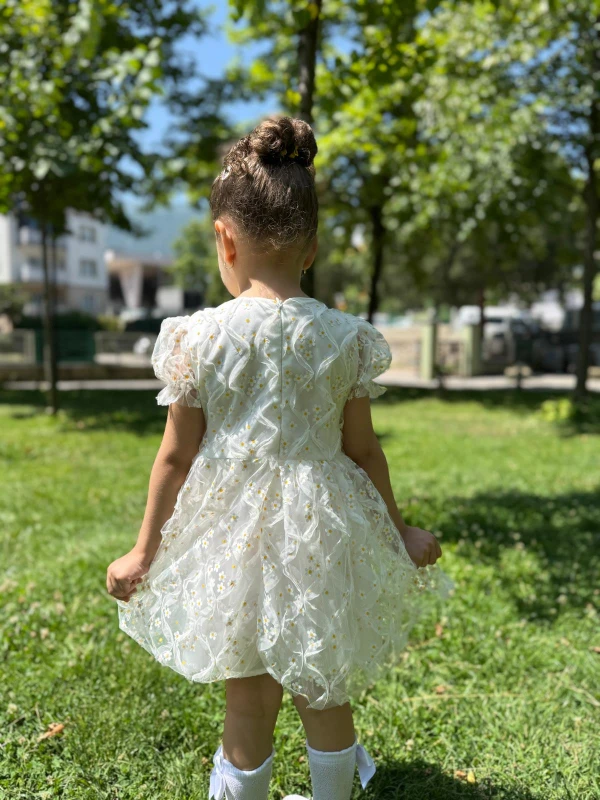 Kız Çocuk Bebek Kısa Kollu Papatyalı Çiçekli Tüllü Doğum Günü Düğün Parti Özel Gün Bayramlık Elbise - BEYAZ