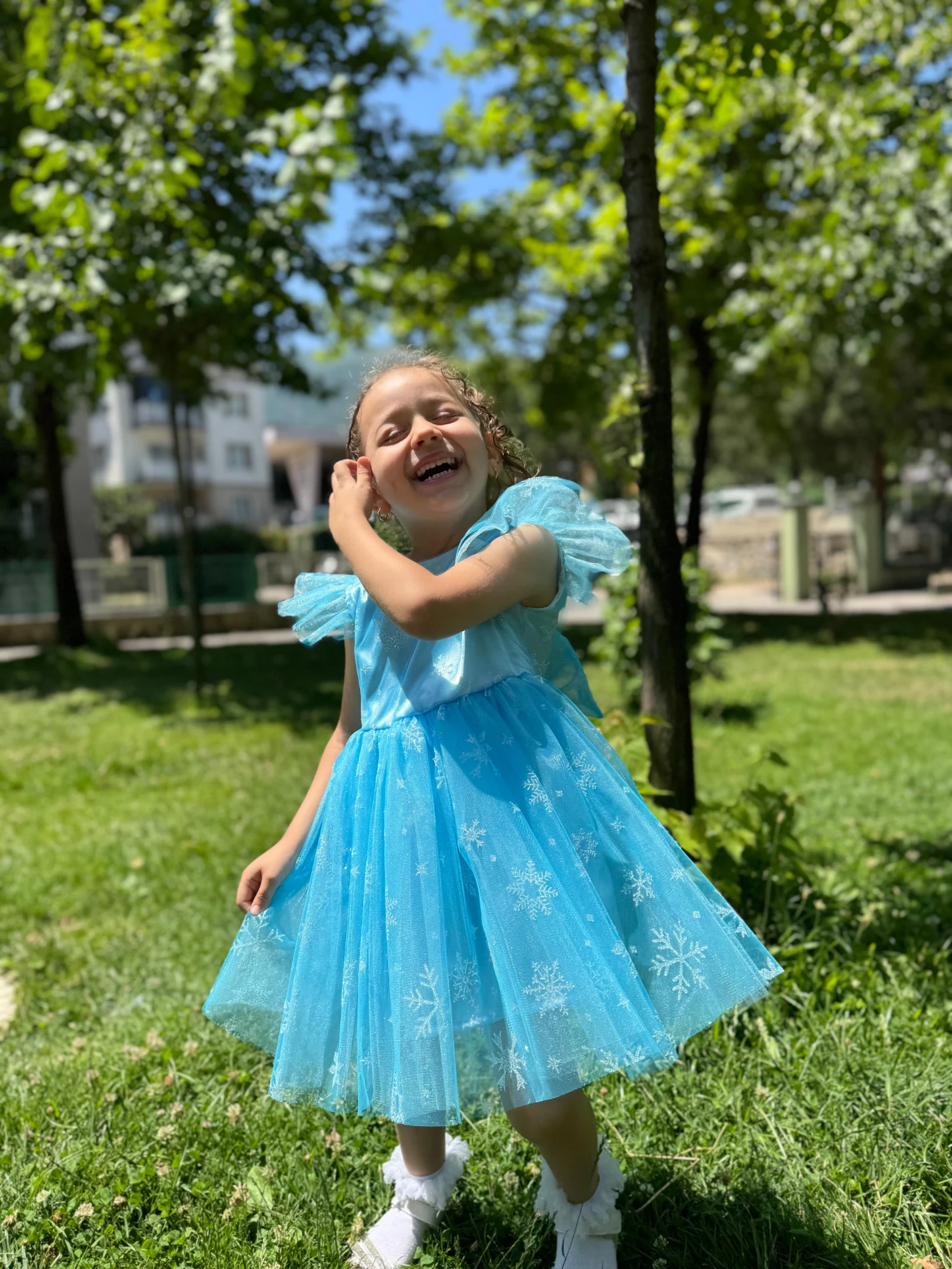 Kız Çocuk Bebek Sıfır Kollu Kar Taneli Elsa Tüllü Doğum Günü Düğün Parti Özel Gün Bayramlık Elbise - MAVİ