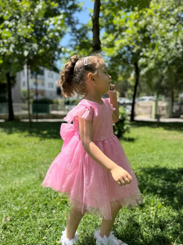Kız Çocuk Bebek Sıfır Kollu Kar Taneli Elsa Tüllü Doğum Günü Düğün Parti Özel Gün Bayramlık Elbise - PEMBE
