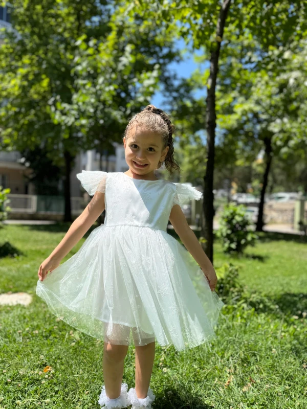 Kız Çocuk Bebek Sıfır Kollu Kar Taneli Elsa Tüllü Doğum Günü Düğün Parti Özel Gün Bayramlık Elbise - BEYAZ