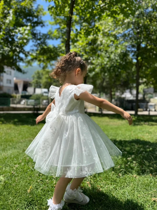 Kız Çocuk Bebek Sıfır Kollu Kar Taneli Elsa Tüllü Doğum Günü Düğün Parti Özel Gün Bayramlık Elbise - BEYAZ