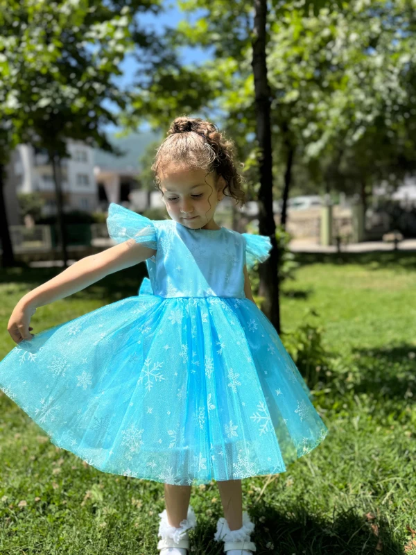 Kız Çocuk Bebek Sıfır Kollu Kar Taneli Elsa Tüllü Doğum Günü Düğün Parti Özel Gün Bayramlık Elbise - MAVİ