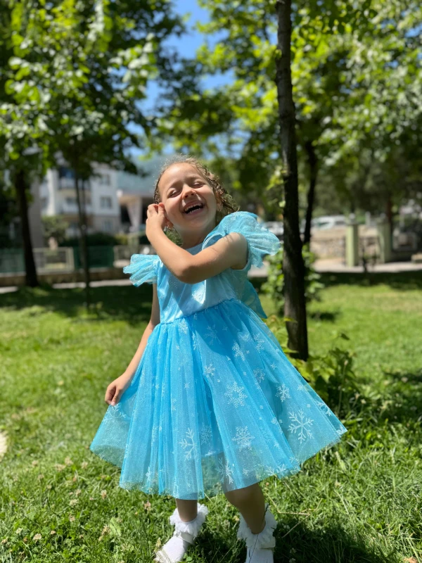 Kız Çocuk Bebek Sıfır Kollu Kar Taneli Elsa Tüllü Doğum Günü Düğün Parti Özel Gün Bayramlık Elbise - MAVİ