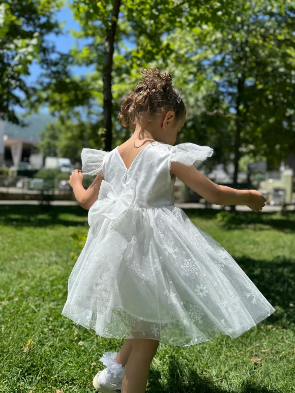 Kız Çocuk Bebek Sıfır Kollu Kar Taneli Elsa Tüllü Doğum Günü Düğün Parti Özel Gün Bayramlık Elbise - BEYAZ