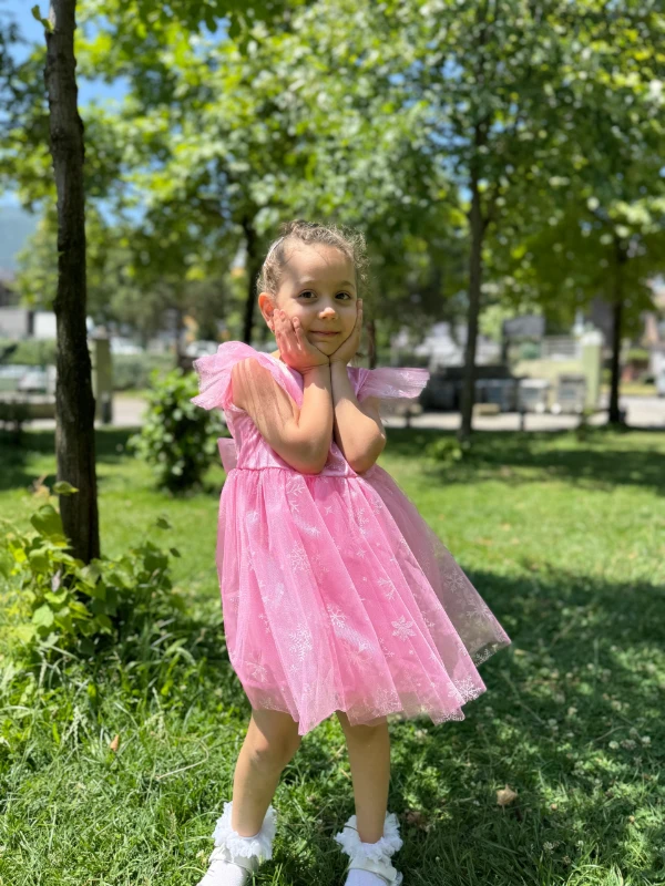 Kız Çocuk Bebek Sıfır Kollu Kar Taneli Elsa Tüllü Doğum Günü Düğün Parti Özel Gün Bayramlık Elbise - PEMBE