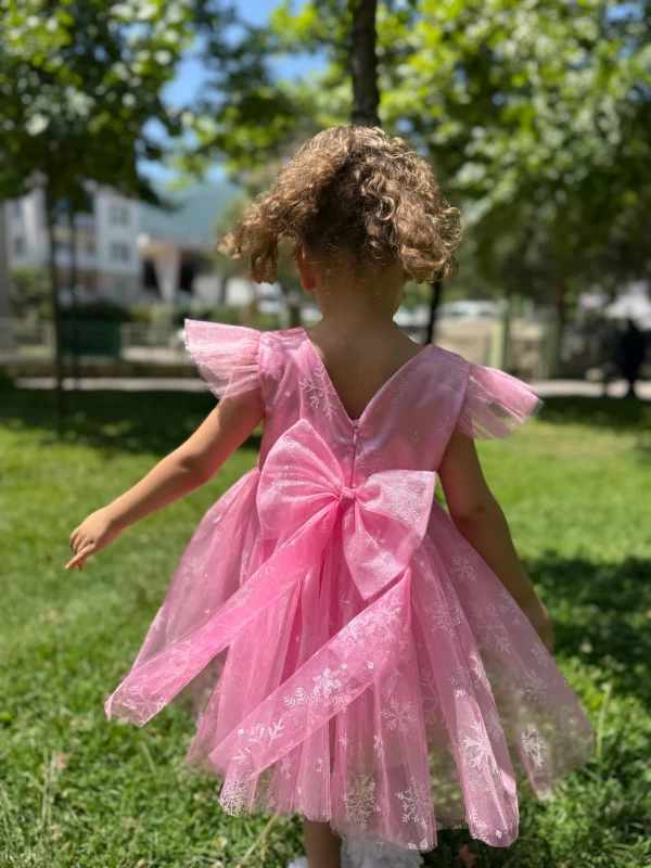 Kız Çocuk Bebek Sıfır Kollu Kar Taneli Elsa Tüllü Doğum Günü Düğün Parti Özel Gün Bayramlık Elbise - PEMBE