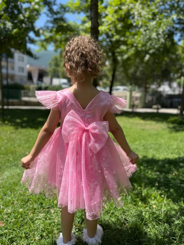 Kız Çocuk Bebek Sıfır Kollu Kar Taneli Elsa Tüllü Doğum Günü Düğün Parti Özel Gün Bayramlık Elbise - PEMBE