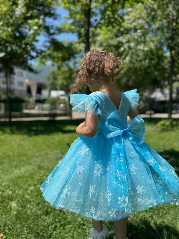 Kız Çocuk Bebek Sıfır Kollu Kar Taneli Elsa Tüllü Doğum Günü Düğün Parti Özel Gün Bayramlık Elbise - MAVİ