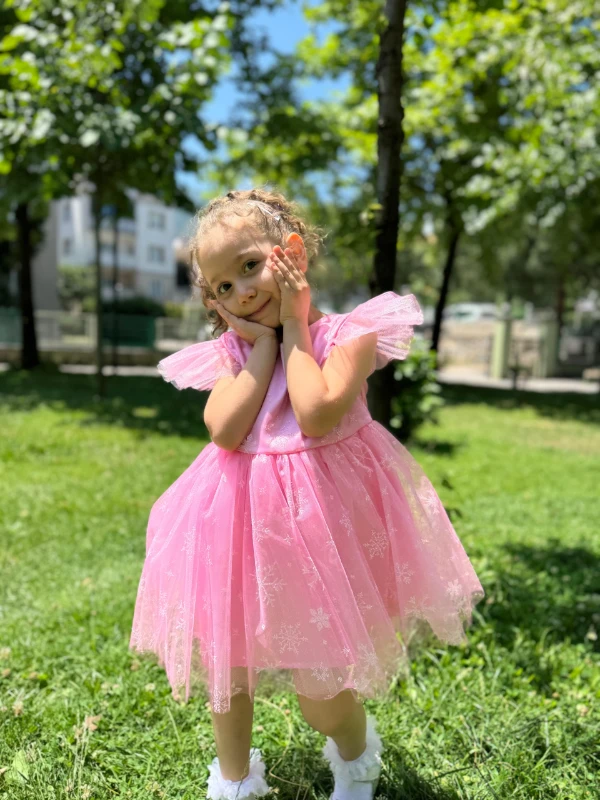 Kız Çocuk Bebek Sıfır Kollu Kar Taneli Elsa Tüllü Doğum Günü Düğün Parti Özel Gün Bayramlık Elbise - PEMBE