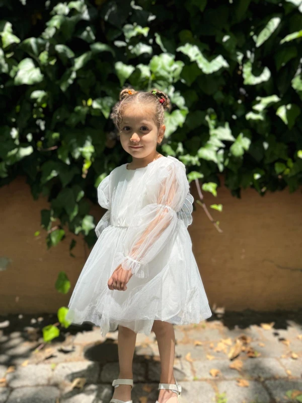 Yazlık Tütülü Astarlı Bebek Elbise Çocuk Elbise Kız Çocuk Doğum Günü Parti Astarlı Düğün Elbisesi - BEYAZ