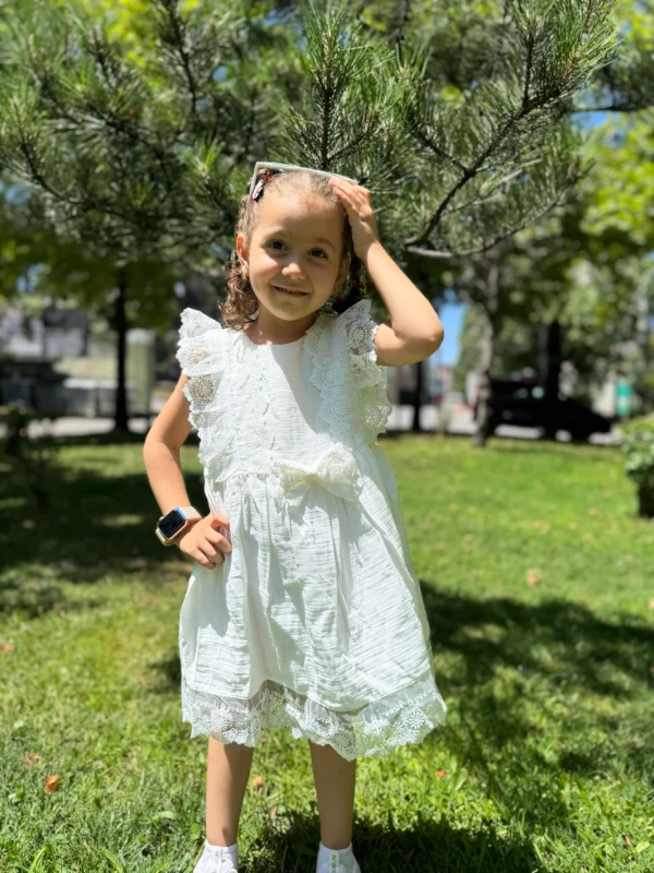 Kız Çocuk Bebek Sıfır Kollu Dantelli Müslin Doğum Günü Düğün Parti Özel Gün Bayramlık Yazlık Elbise - BEYAZ