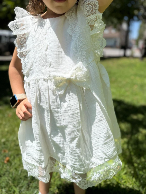 Kız Çocuk Bebek Sıfır Kollu Dantelli Müslin Doğum Günü Düğün Parti Özel Gün Bayramlık Yazlık Elbise - BEYAZ