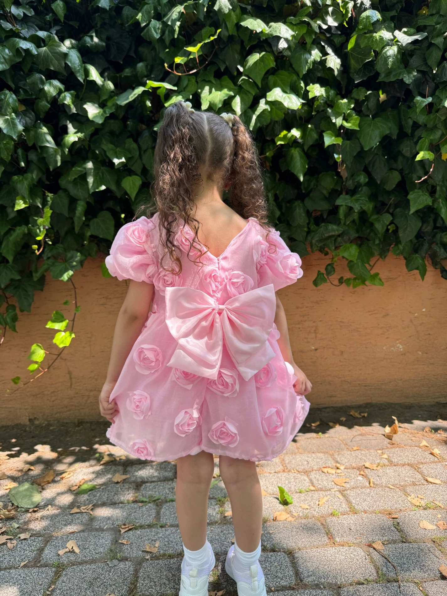 Kız Bebek Kız Çocuk Kısa Kollu Sırt Detay Fiyonklu Özel Gün Doğum Günü Parti Düğün Bayramlık Elbise - PEMBE