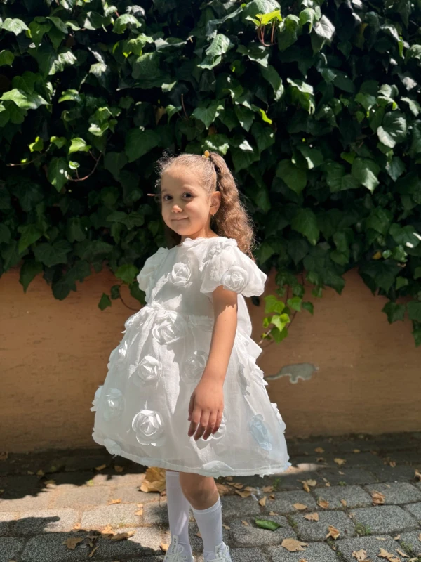 Kız Bebek Kız Çocuk Kısa Kollu Sırt Detay Fiyonklu Özel Gün Doğum Günü Parti Düğün Bayramlık Elbise - BEYAZ