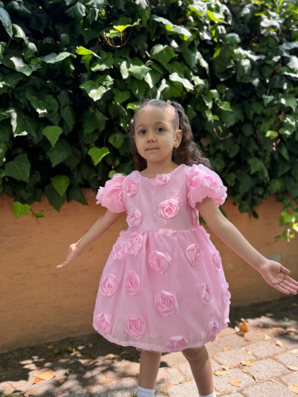 Kız Bebek Kız Çocuk Kısa Kollu Sırt Detay Fiyonklu Özel Gün Doğum Günü Parti Düğün Bayramlık Elbise - PEMBE