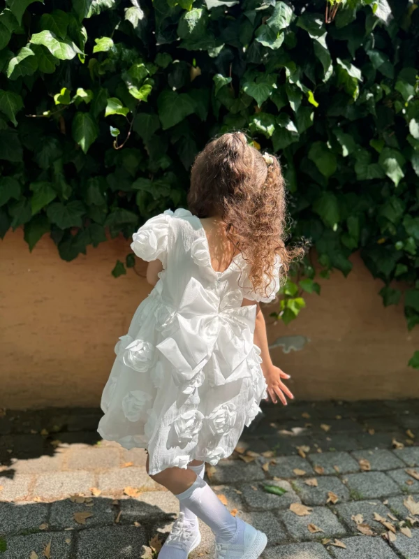 Kız Bebek Kız Çocuk Kısa Kollu Sırt Detay Fiyonklu Özel Gün Doğum Günü Parti Düğün Bayramlık Elbise - BEYAZ
