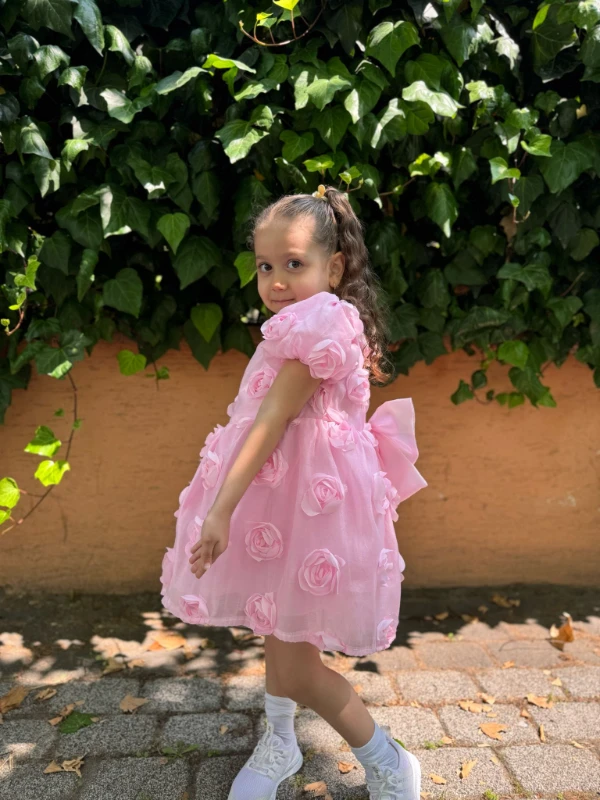 Kız Bebek Kız Çocuk Kısa Kollu Sırt Detay Fiyonklu Özel Gün Doğum Günü Parti Düğün Bayramlık Elbise - PEMBE
