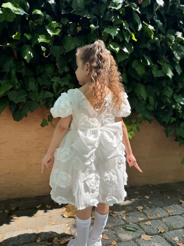 Kız Bebek Kız Çocuk Kısa Kollu Sırt Detay Fiyonklu Özel Gün Doğum Günü Parti Düğün Bayramlık Elbise - BEYAZ