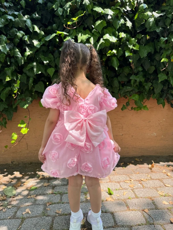 Kız Bebek Kız Çocuk Kısa Kollu Sırt Detay Fiyonklu Özel Gün Doğum Günü Parti Düğün Bayramlık Elbise - PEMBE