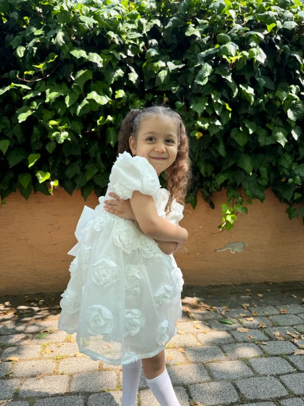 Kız Bebek Kız Çocuk Kısa Kollu Sırt Detay Fiyonklu Özel Gün Doğum Günü Parti Düğün Bayramlık Elbise - BEYAZ