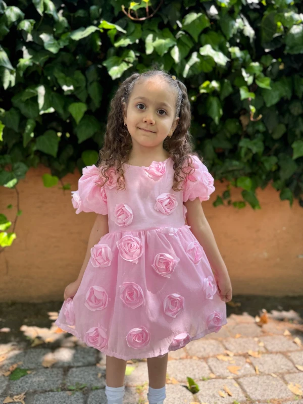 Kız Bebek Kız Çocuk Kısa Kollu Sırt Detay Fiyonklu Özel Gün Doğum Günü Parti Düğün Bayramlık Elbise - PEMBE
