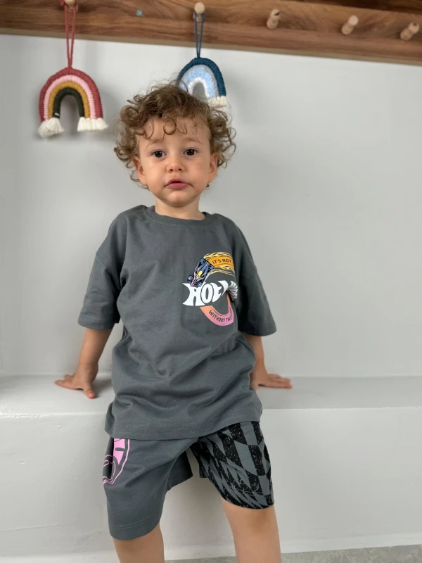 Erkek Bebek&Çocuk Baskılı 2’li Takım–Şortlu Yazlık Pamuklu Takım(1-8Yaş) Karakterli/Araba Desenli - GRİ