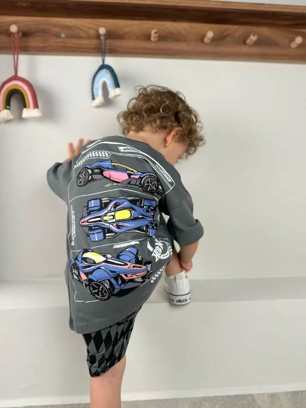 Erkek Bebek&Çocuk Baskılı 2’li Takım–Şortlu Yazlık Pamuklu Takım(1-8Yaş) Karakterli/Araba Desenli - GRİ