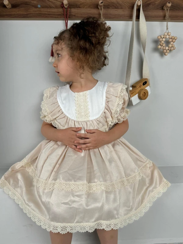 Kız Bebek Elbise Kız Çocuk Elbise Doğum Günü Parti Düğün Elbise Dantelli Kısa Kol Astarlı Elbise - BEJ