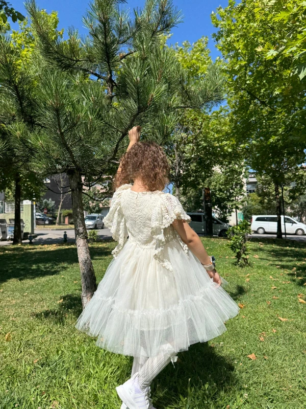 Kız Bebek Krem Elbise Sıfır Kollu Fırfırlı Tüllü Tütü Doğum Günü Parti Düğün Özel Gün Kız Elbise - KREM