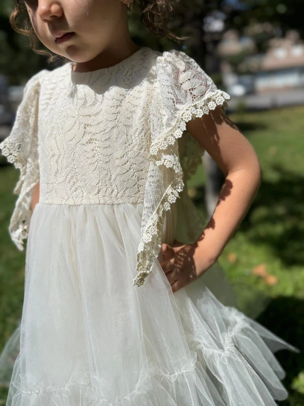 Kız Bebek Krem Elbise Sıfır Kollu Fırfırlı Tüllü Tütü Doğum Günü Parti Düğün Özel Gün Kız Elbise - KREM