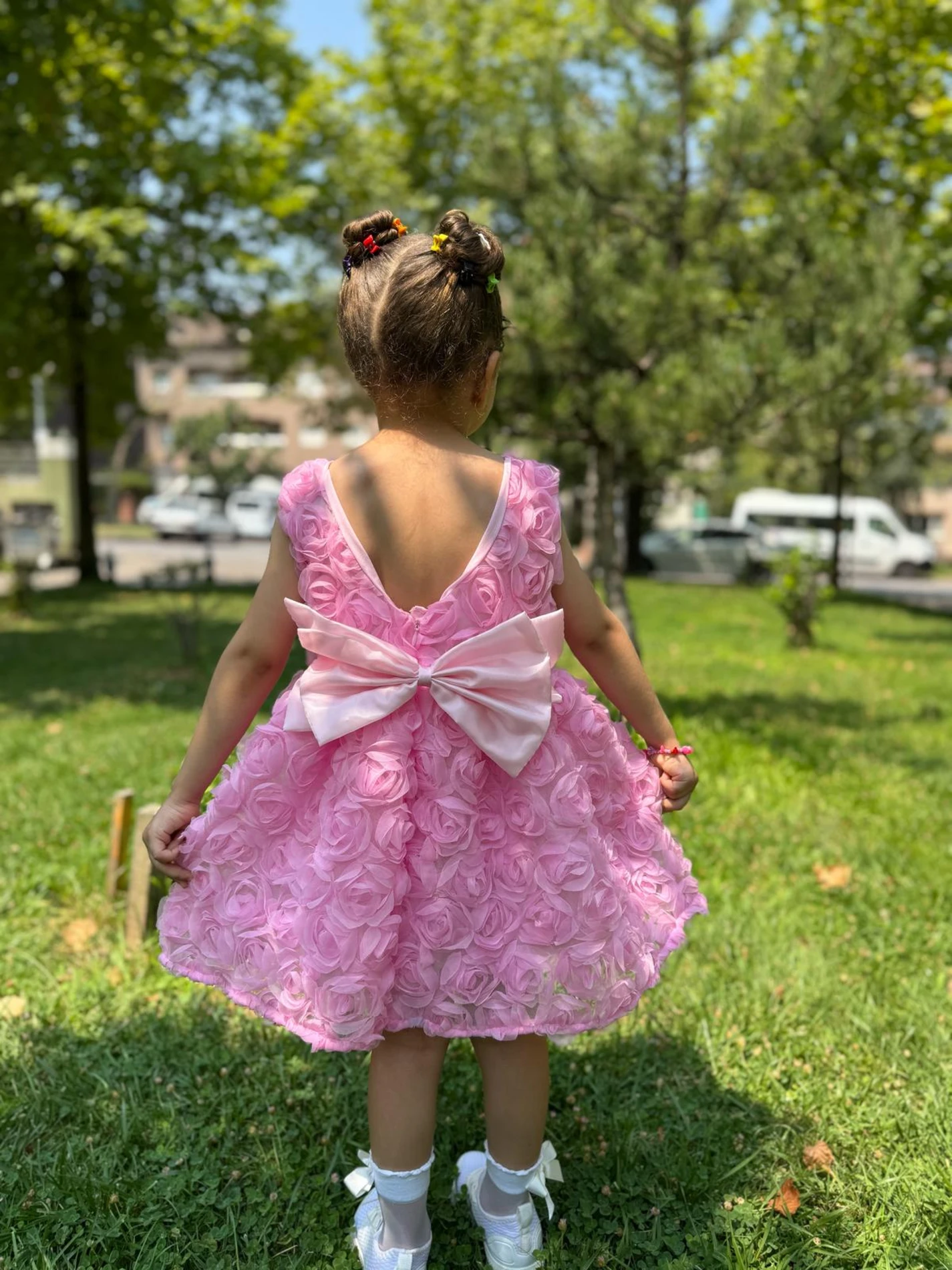 Kız Bebek Kız Çocuk Kısa Kollu Güllü Sırt Detay Fiyonklu Özel Gün Doğum Günü Parti Düğün Elbise - PEMBE